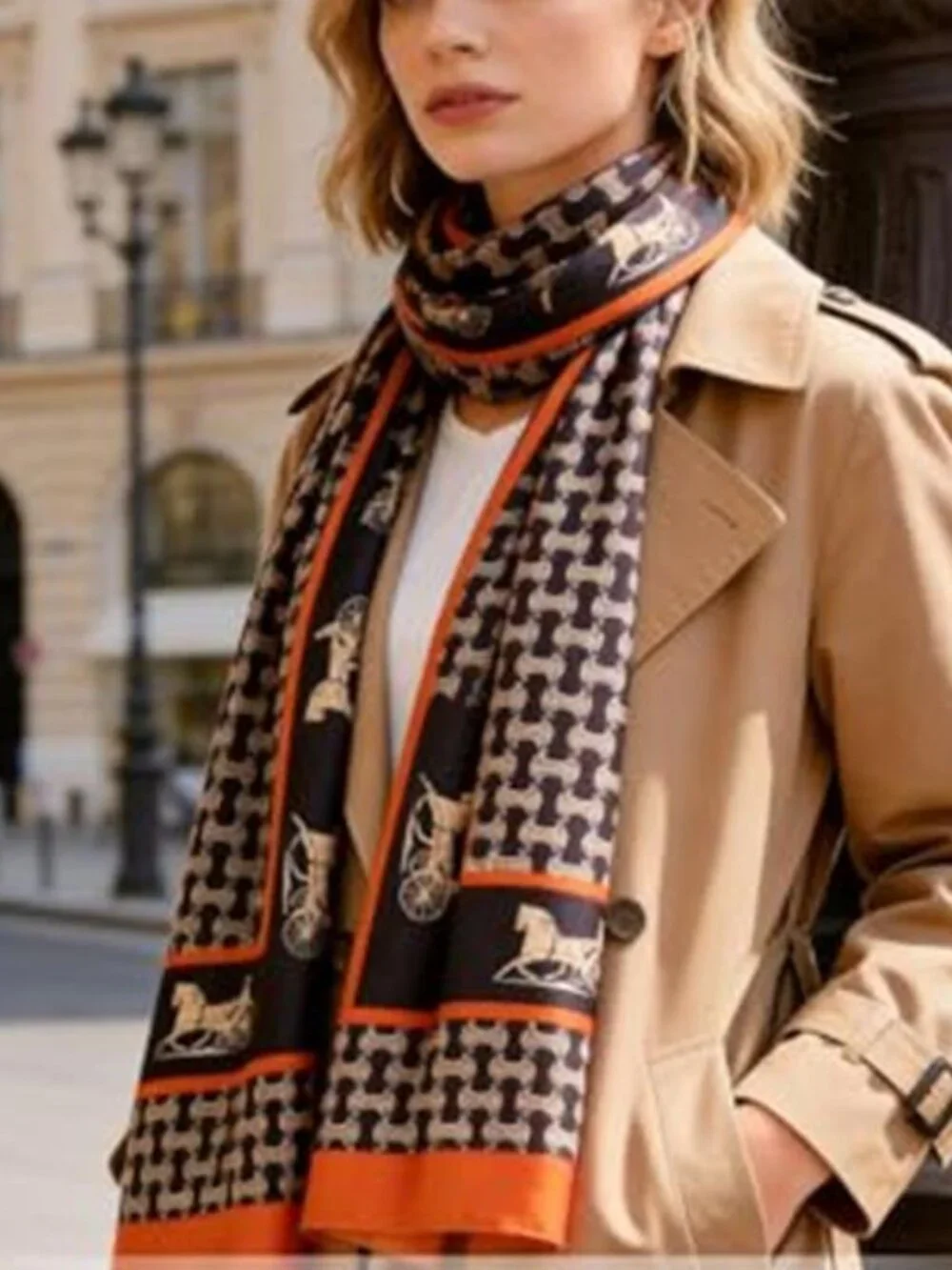 Brown Orange Horse Print Satin Scarf Long Lightweight Shawl Wrap